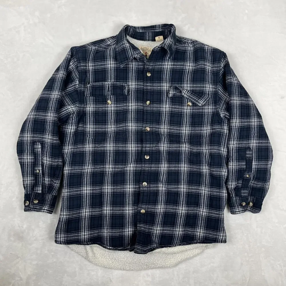 Red Head Jacket Mens Large Blue Plaid Sherpa Lined Flannel Shacket Workwear